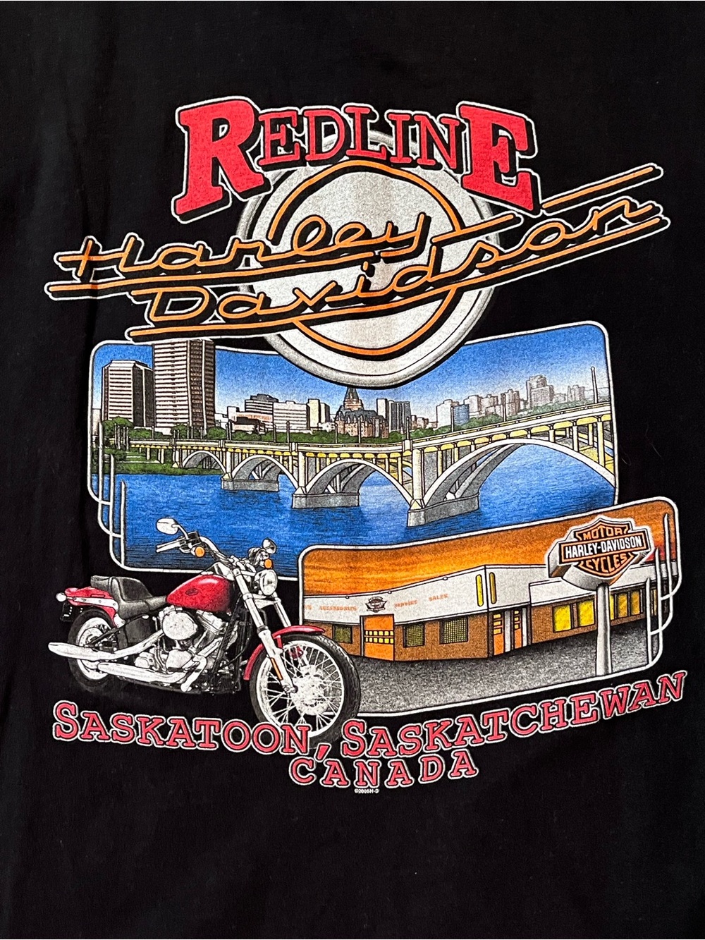 Harley-Davidson Black Graphic Tee with Red and Blue Motorbike Design